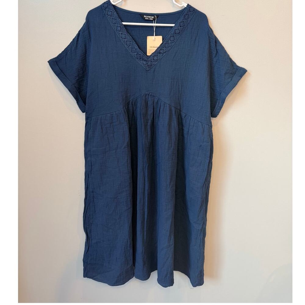 BLOOMCHIC NWT Blue 100% Cotton Gauze Crochet Lace Babydoll Dress Plus Size 14-16